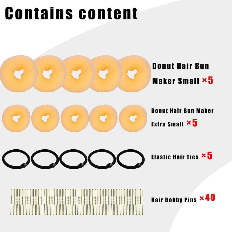 FORESRUM 10 Pcs Hair Bun Maker - Donut Bun Maker for Hair(5 medium and 5 small),Ballet Bun for Women and Kids with Elastic Hair Ties, Hair Pins(Golden) - Image 2